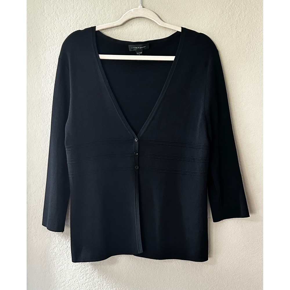Cable & Gauge Black V-Neck Cardigan 3/4 Sleeve Ribbed Waist Sweater Large